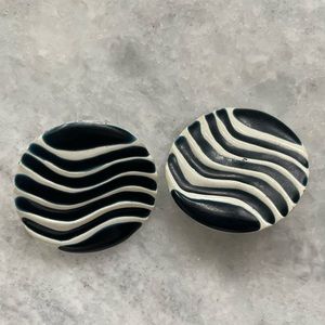 Vintage Enamel Metal Clip On Earrings Navy Blue Waves